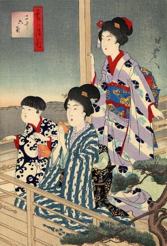 viewing from a balcony Toyohara Chikanobu bijin okubi e Oil Paintings